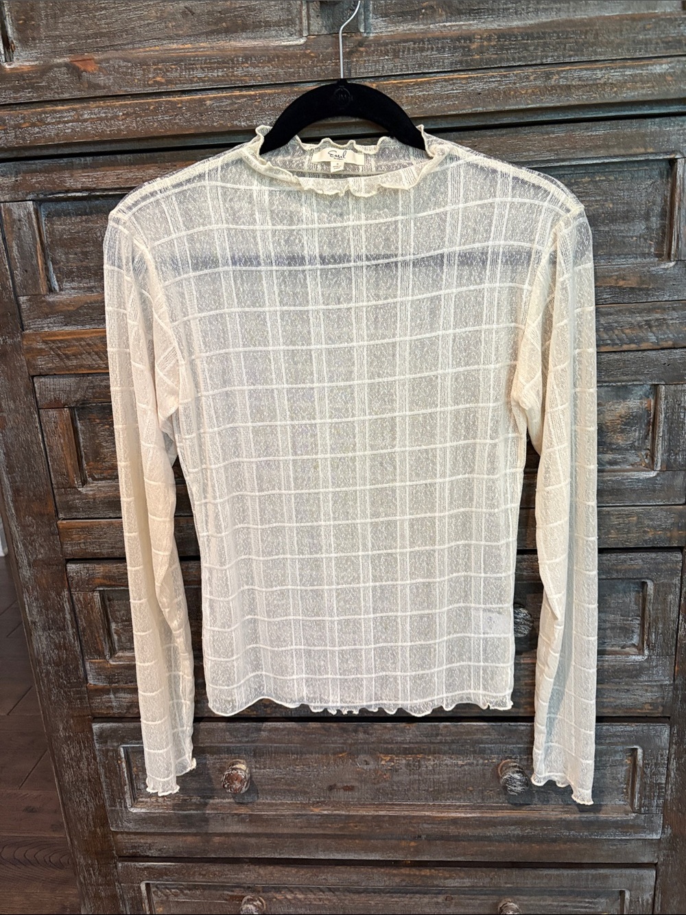 Easel Sheer Cream Long-Sleeve Ruffle Neck Top